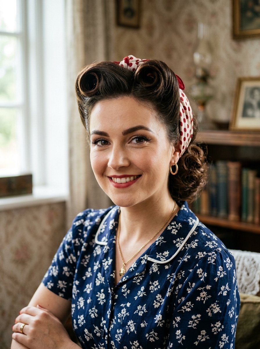 Portrait of a woman with 1940s style victory rolls hairstyle and floral blue blouse sitting in a cozy room