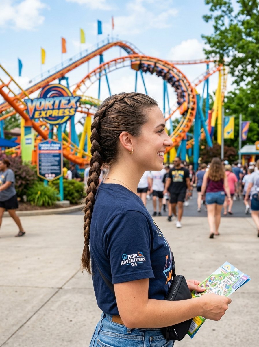 Profile view of a woman with a braid holding a map in front of a colorful roller coaster.