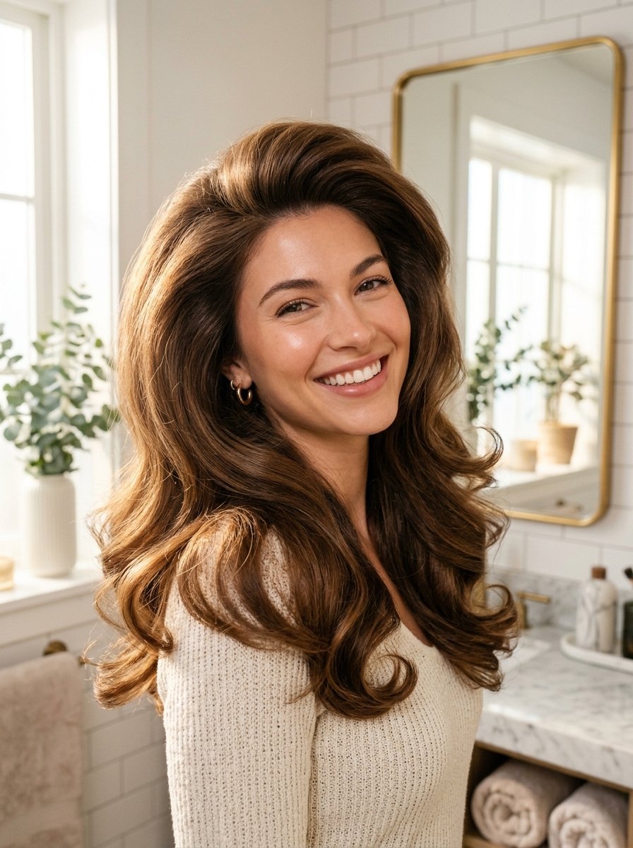 Portrait of a smiling woman with bouncy, styled brown hair standing in a sunlit modern bathroom.