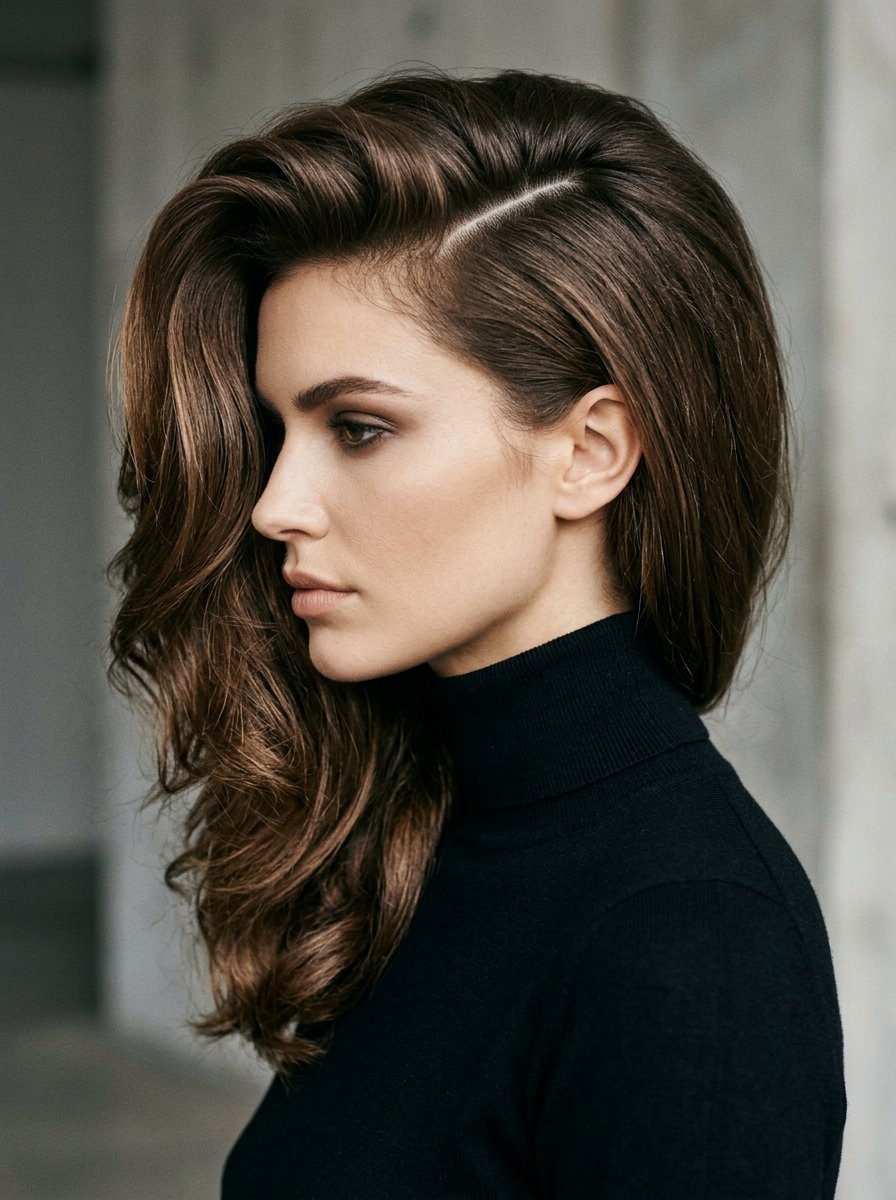 Portrait of a woman wearing a black turtleneck with deep side-parted wavy brown hair.