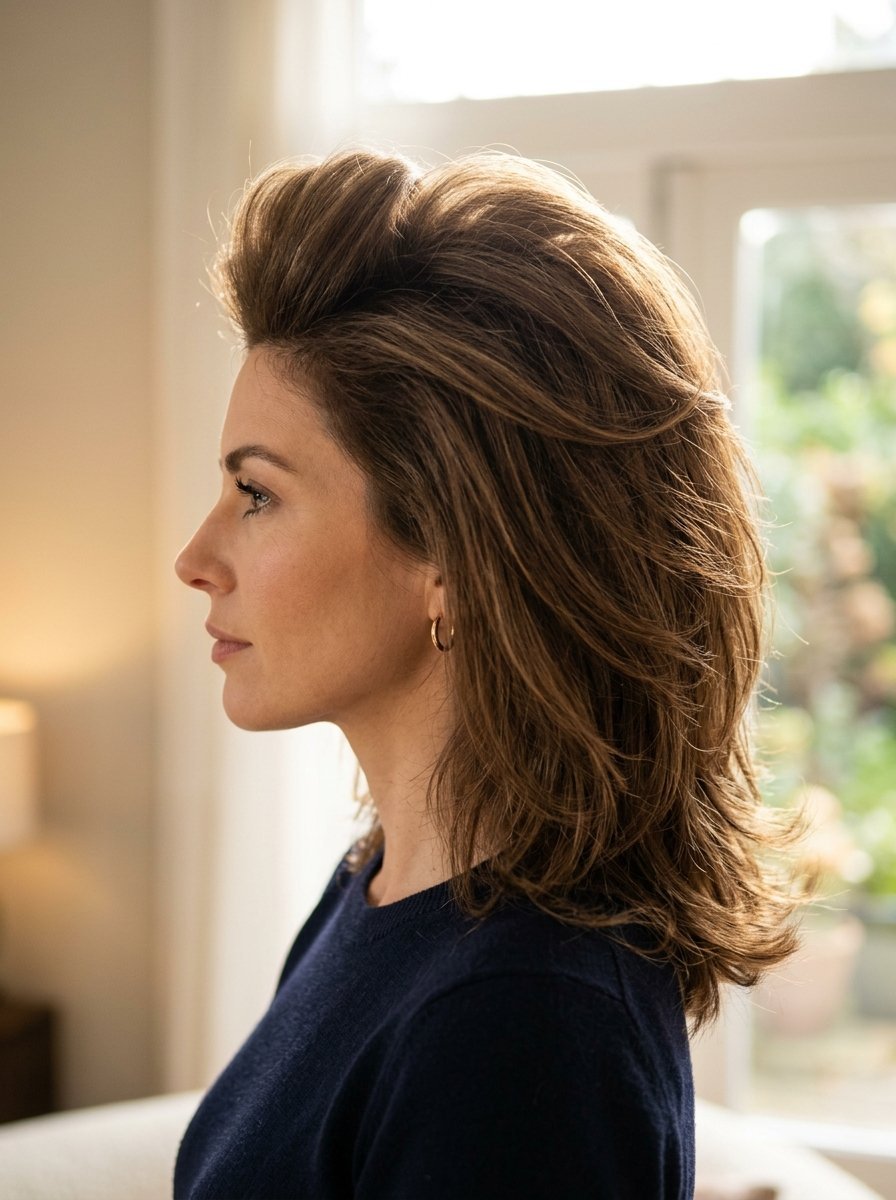 Side profile of a woman with thick, wavy brunette hair and small gold hoop earrings wearing a navy blue sweater.