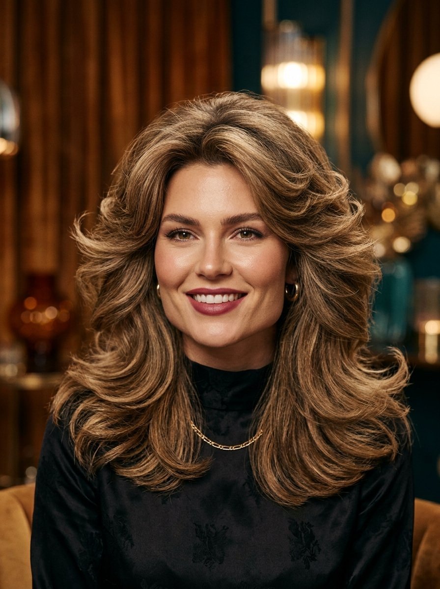 Portrait of a smiling woman with thick, feathered light brown hair and a dark floral blouse.