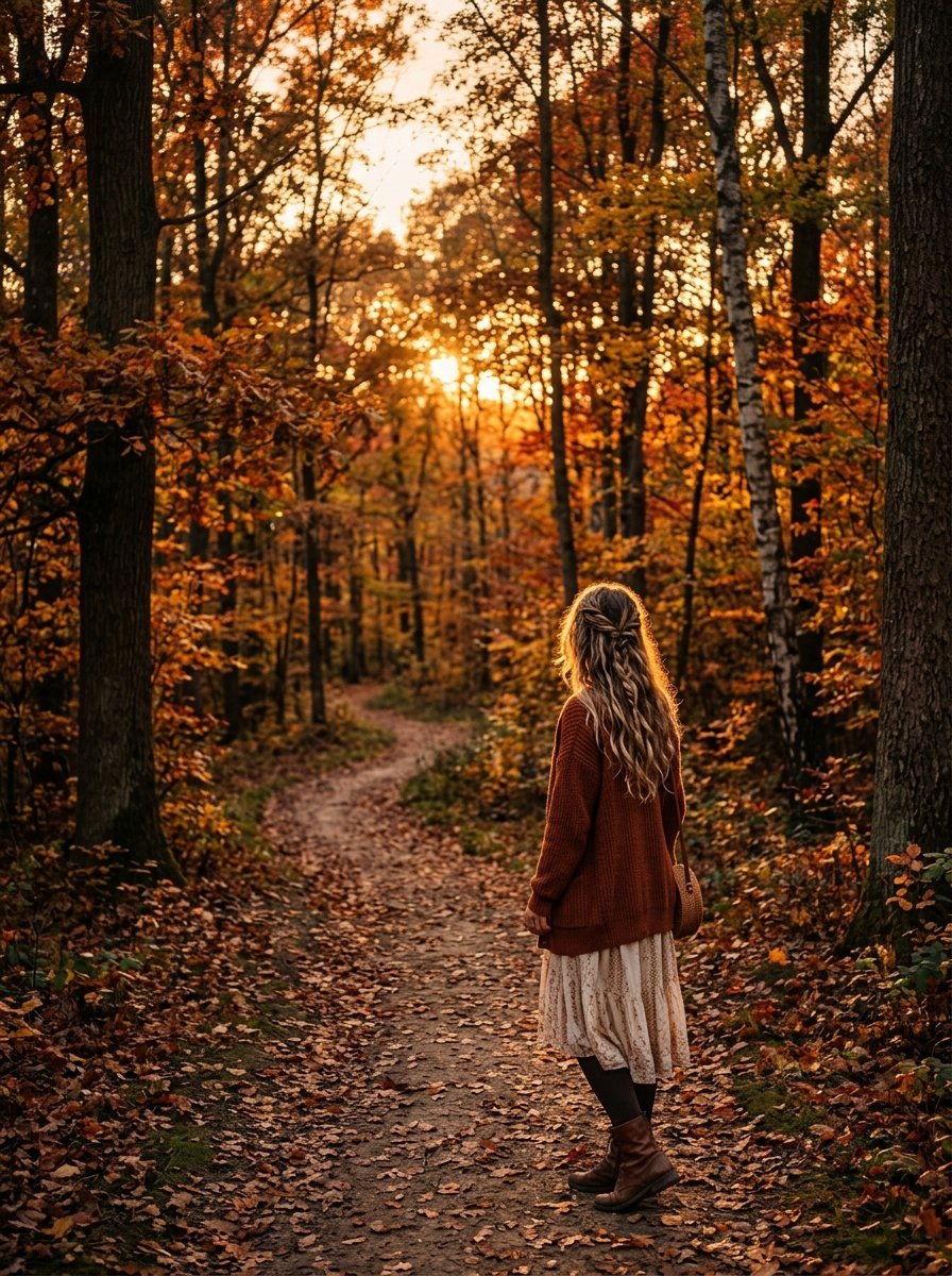 A person in a rust-colored sweater and skirt standing on a path covered in fallen leaves in a sunlit fall forest.