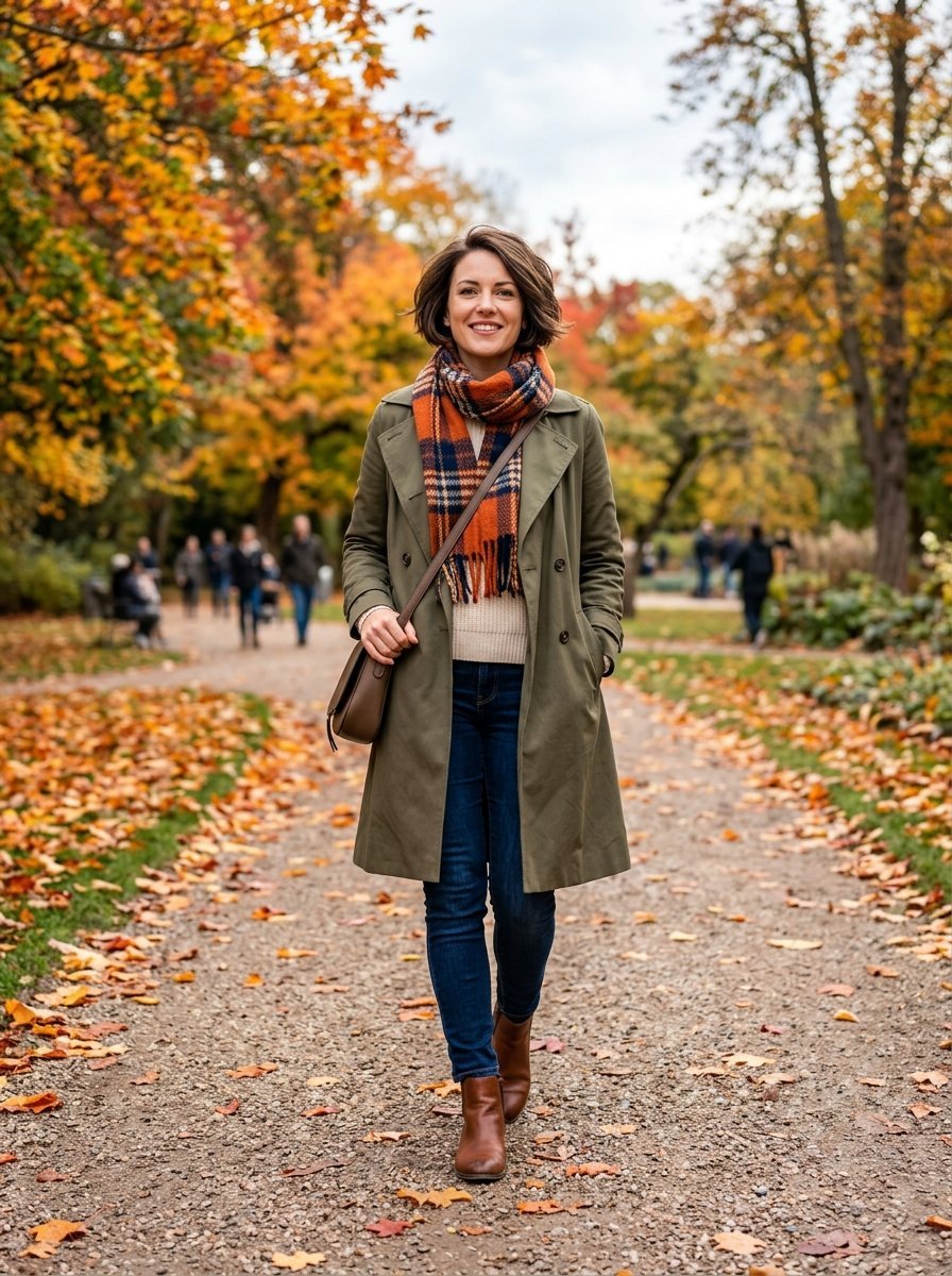 A woman in a green coat and plaid scarf walks on a path surrounded by orange autumn foliage in a park.