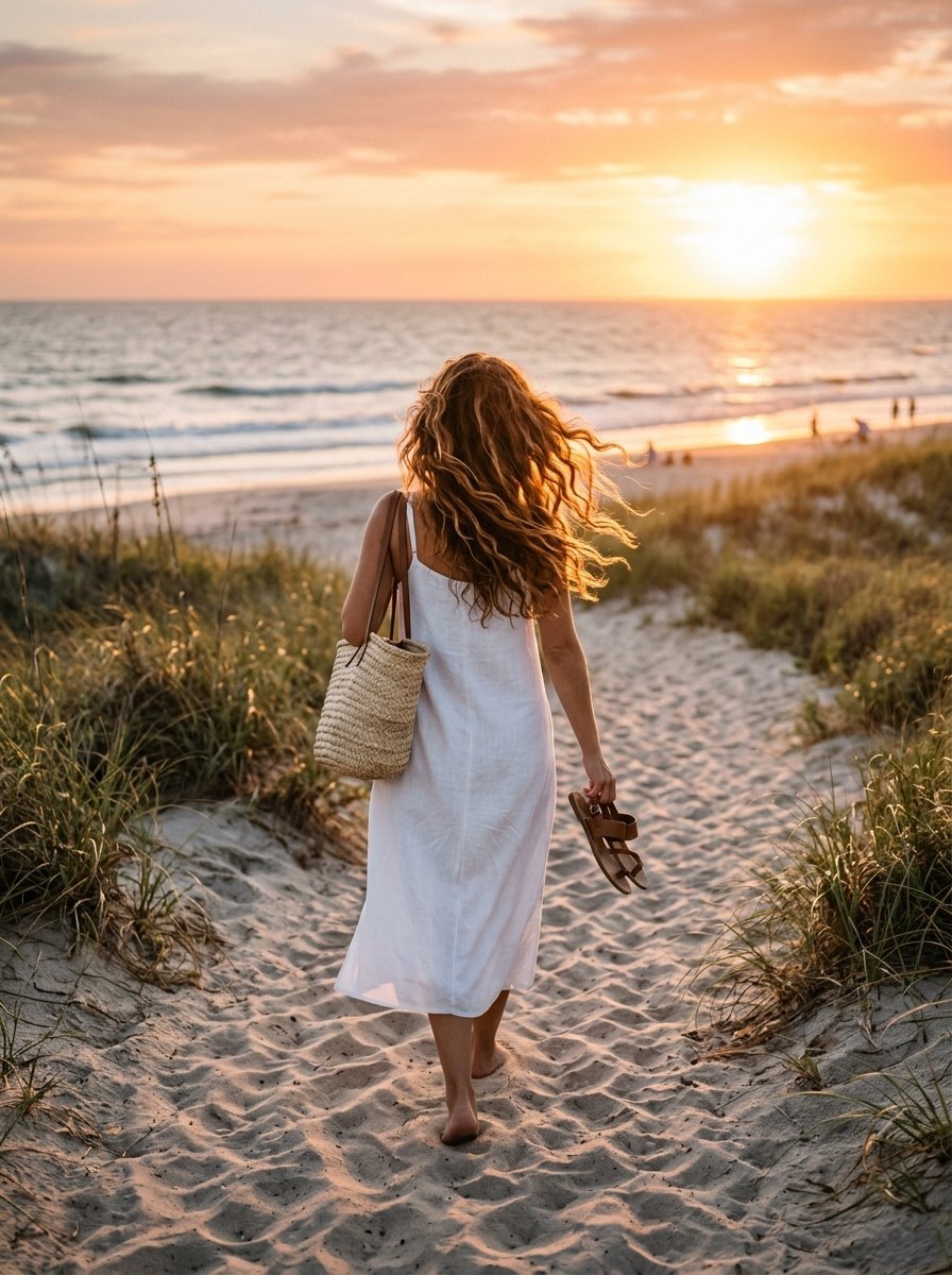 A curly-haired woman carrying a straw tote and sandals walking down a sandy beach path at dusk.