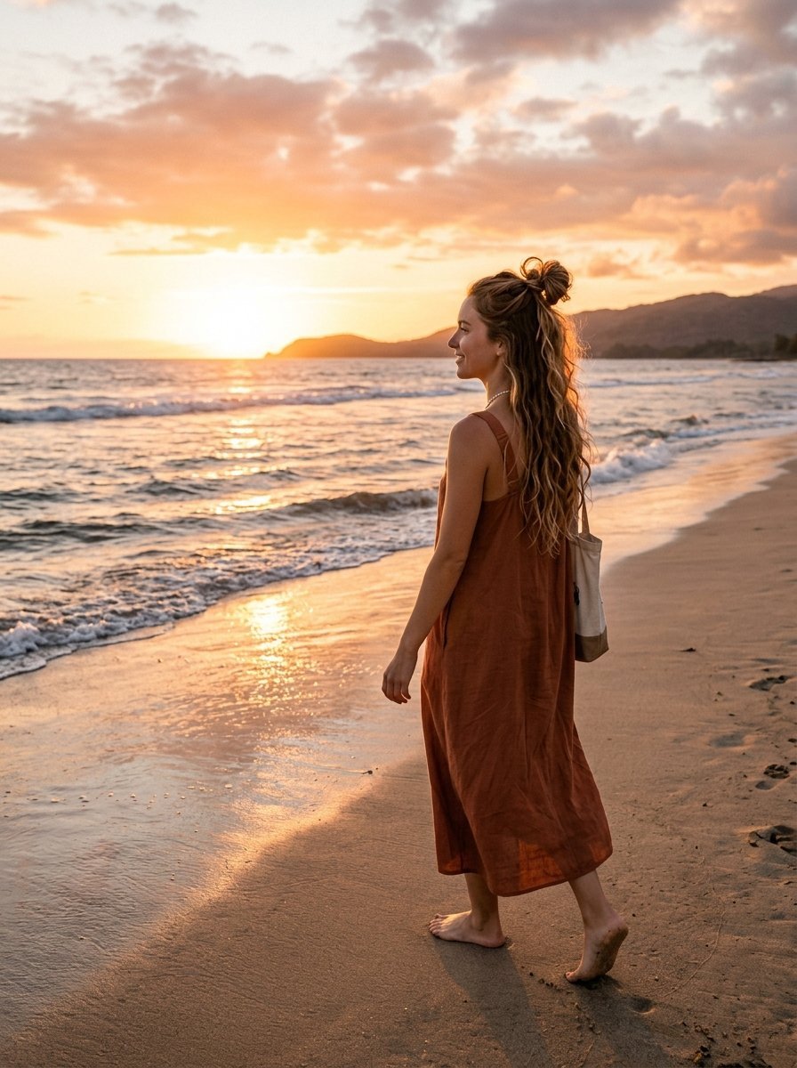 A woman in a rust-colored dress walking barefoot on a sandy beach during a beautiful golden sunset.