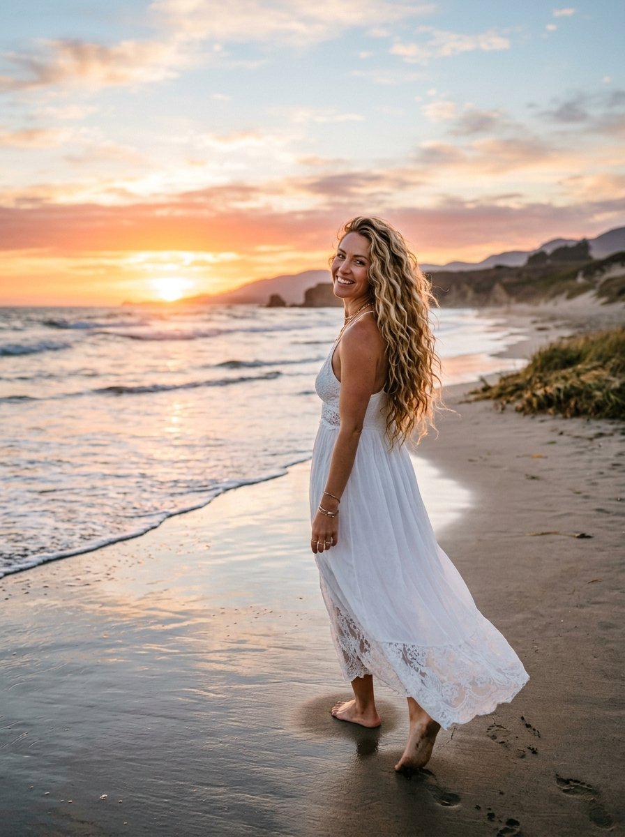 Blonde woman with long curly hair in a white summer dress walking along the ocean shore during sunset.