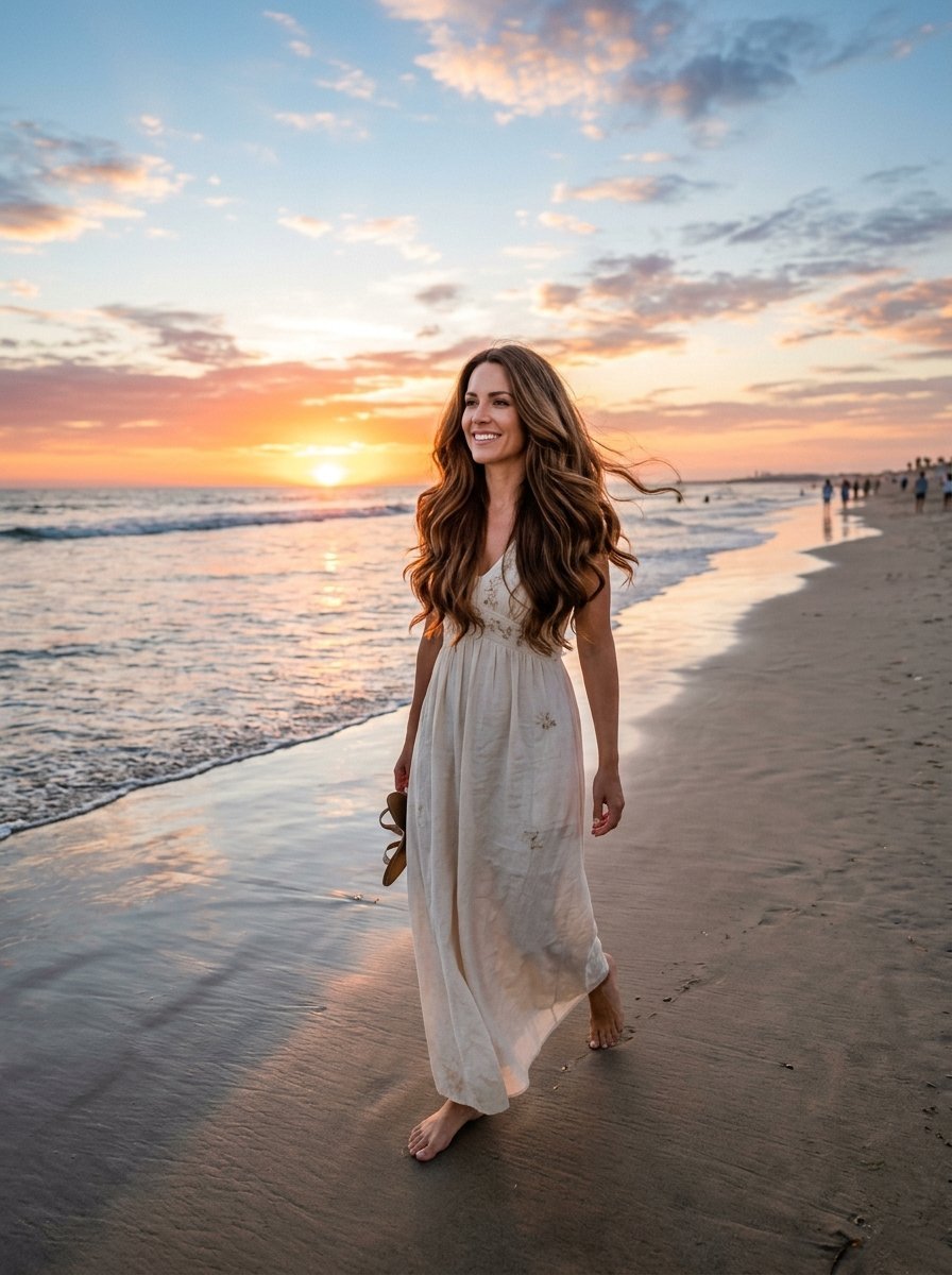 A brunette woman with long hair wearing a white sundress strolls barefoot on a sandy beach during a golden sunset.