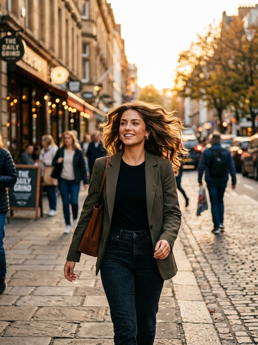 A young woman with long wavy brown hair wearing an olive blazer walks down a cobblestone street at sunset.
