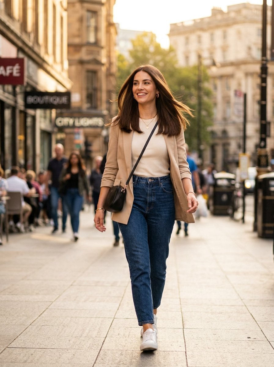 A smiling woman wearing a beige blazer and blue jeans walking on a sidewalk in a European-style city center.