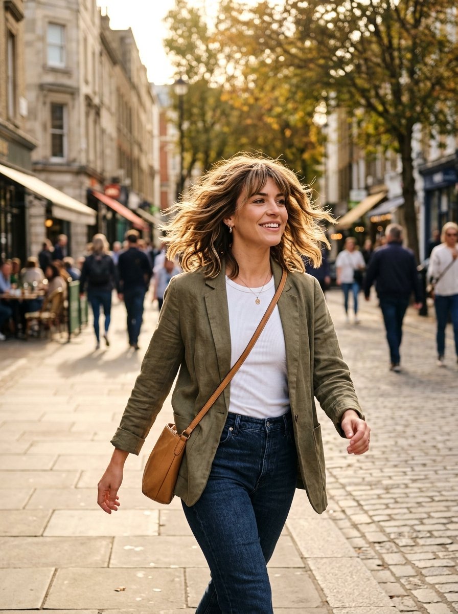 Smiling woman in an olive blazer and jeans strolling through a busy outdoor market.