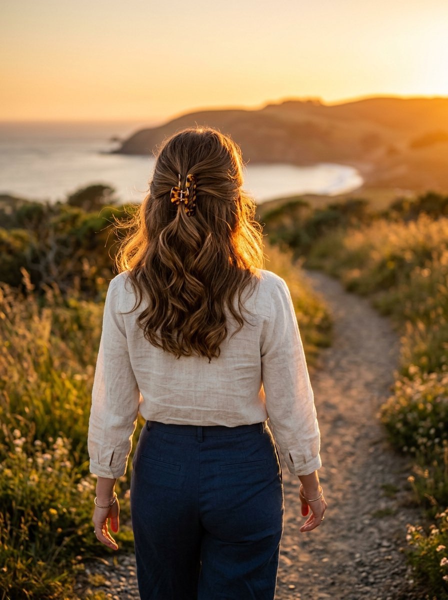 Back view of a woman wearing a white linen shirt and blue trousers on a dirt path overlooking the ocean at sunset.