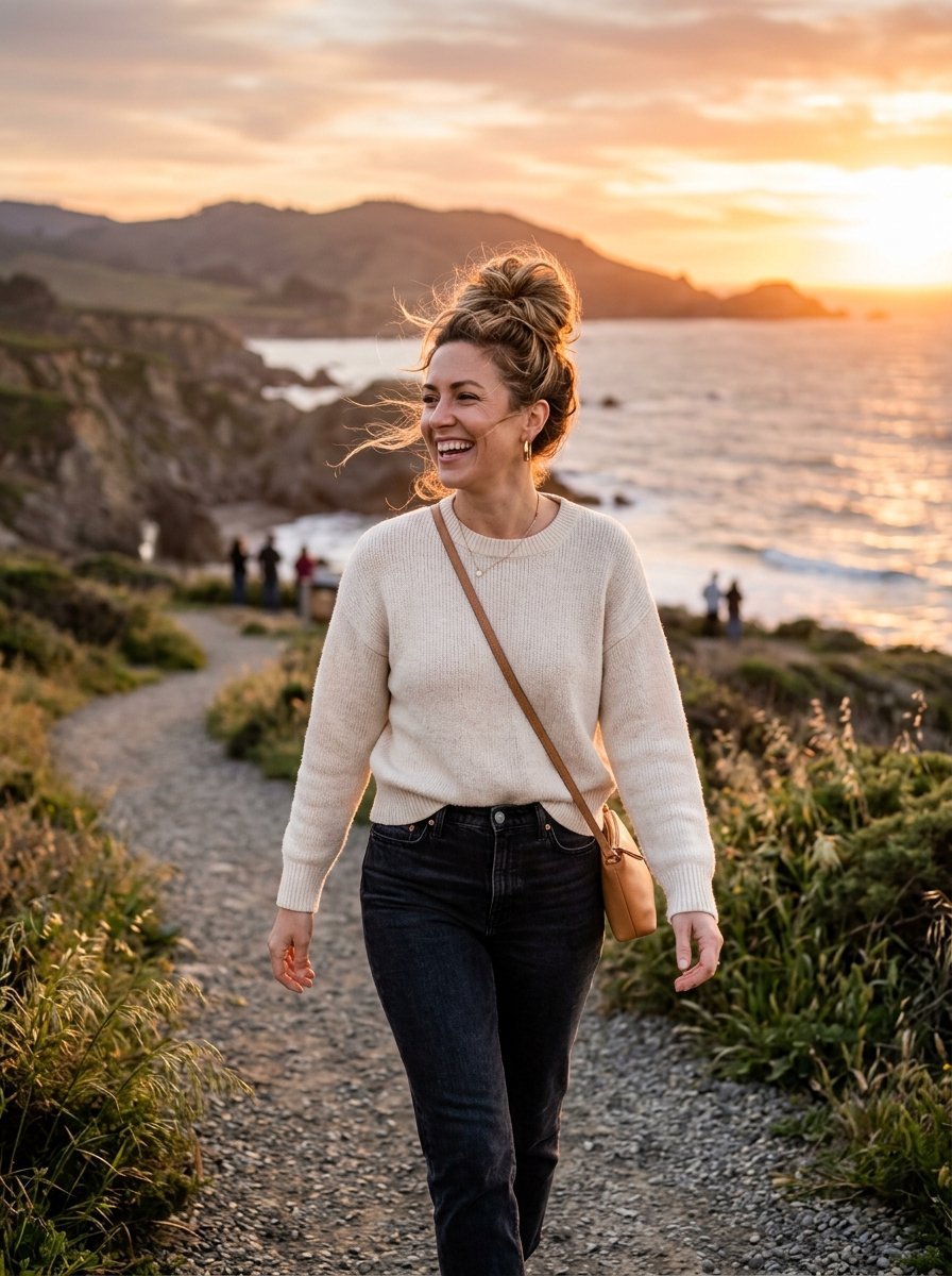 Smiling woman with a messy bun walks on a gravel path by the ocean during a golden hour sunset.