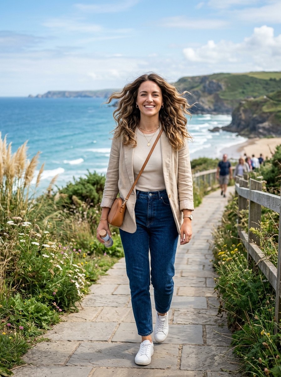 A woman with wavy hair wearing a tan blazer and jeans walks on a stone trail overlooking the sea.