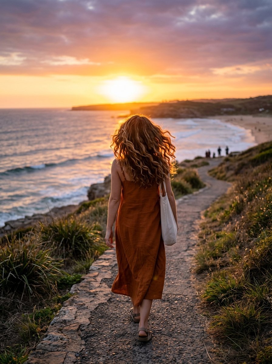 Back view of a woman in a brown linen dress walking on a seaside trail during a golden hour sunset.