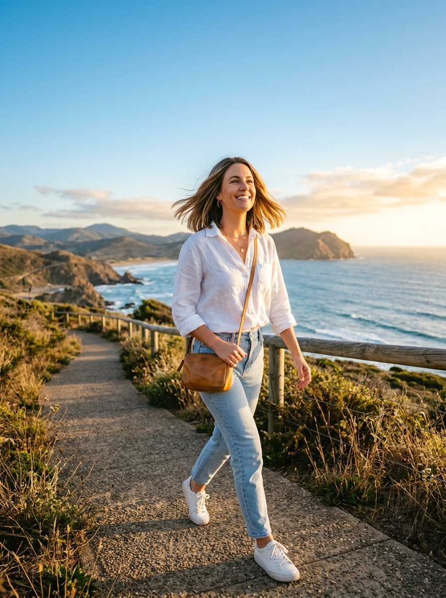 Woman with blonde hair in a white shirt and jeans hiking on a coastal path during sunset.