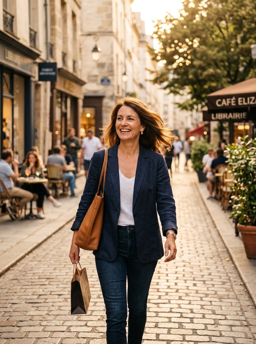 A middle-aged woman with shoulder-length brown hair smiles while strolling down a sunlit European city street.