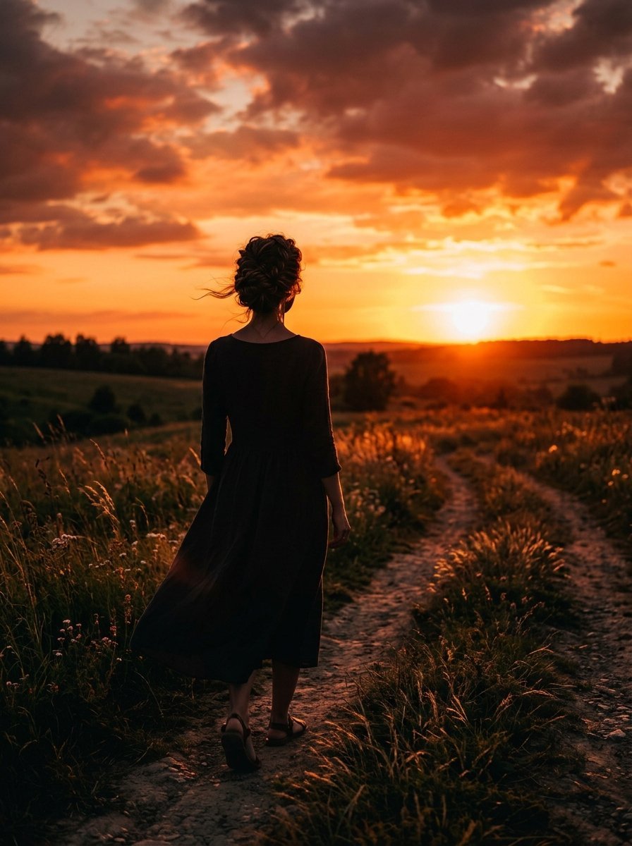Back view of a woman with an updo hairstyle walking on a grassy trail during a vibrant golden hour sunset.