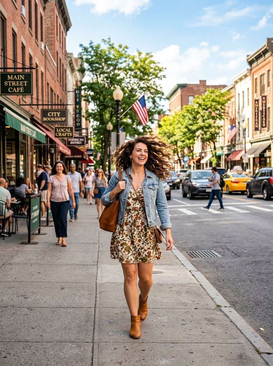 A smiling woman with curly hair walking on a sidewalk past shops with a denim jacket and floral dress.