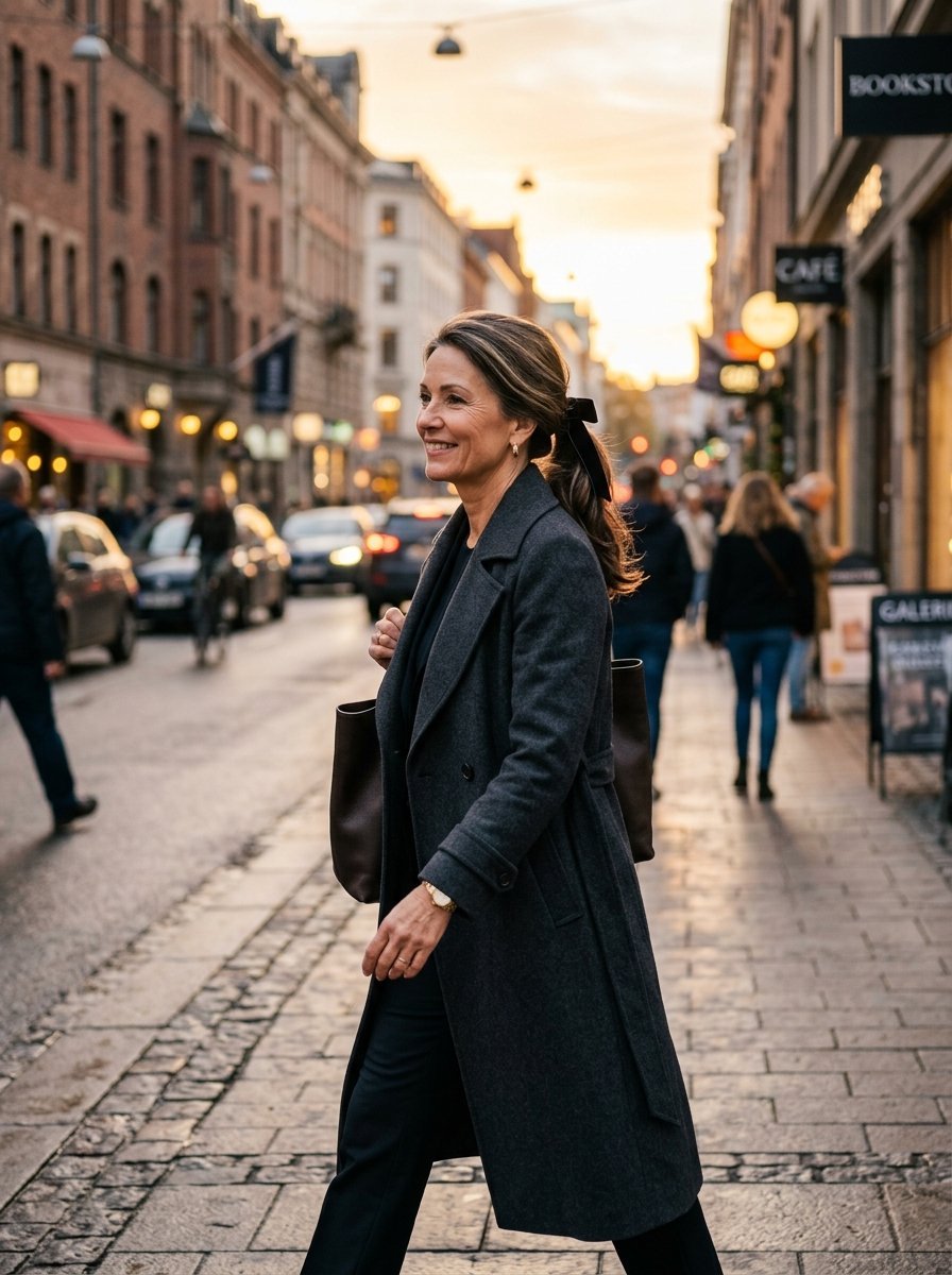 A smiling middle-aged woman wearing a long dark coat and carrying a tote bag walks along a cobblestone urban sidewalk.