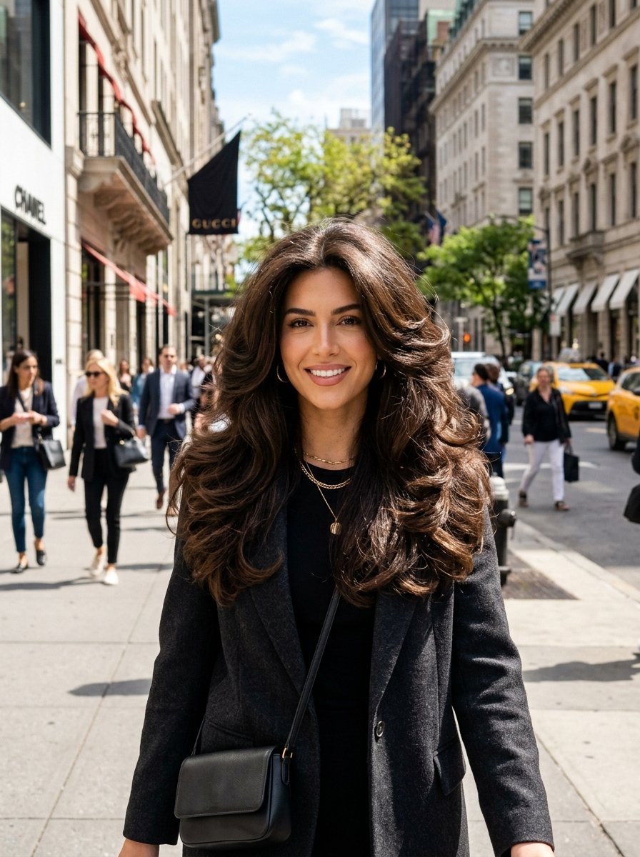 Portrait of a fashionable woman in a dark blazer smiling on a busy street with luxury designer storefronts.