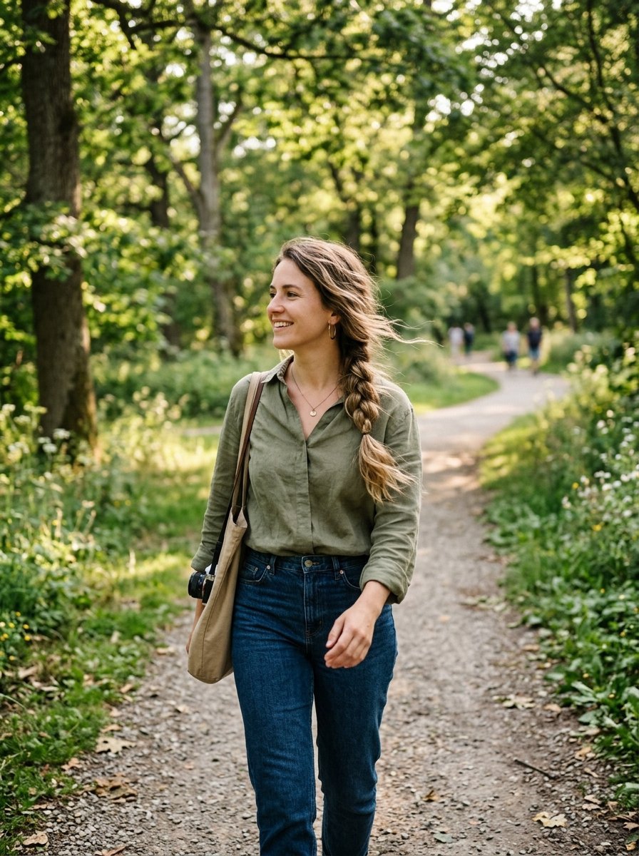 A young woman in a green linen shirt and blue jeans walking down a gravel path surrounded by trees and greenery.