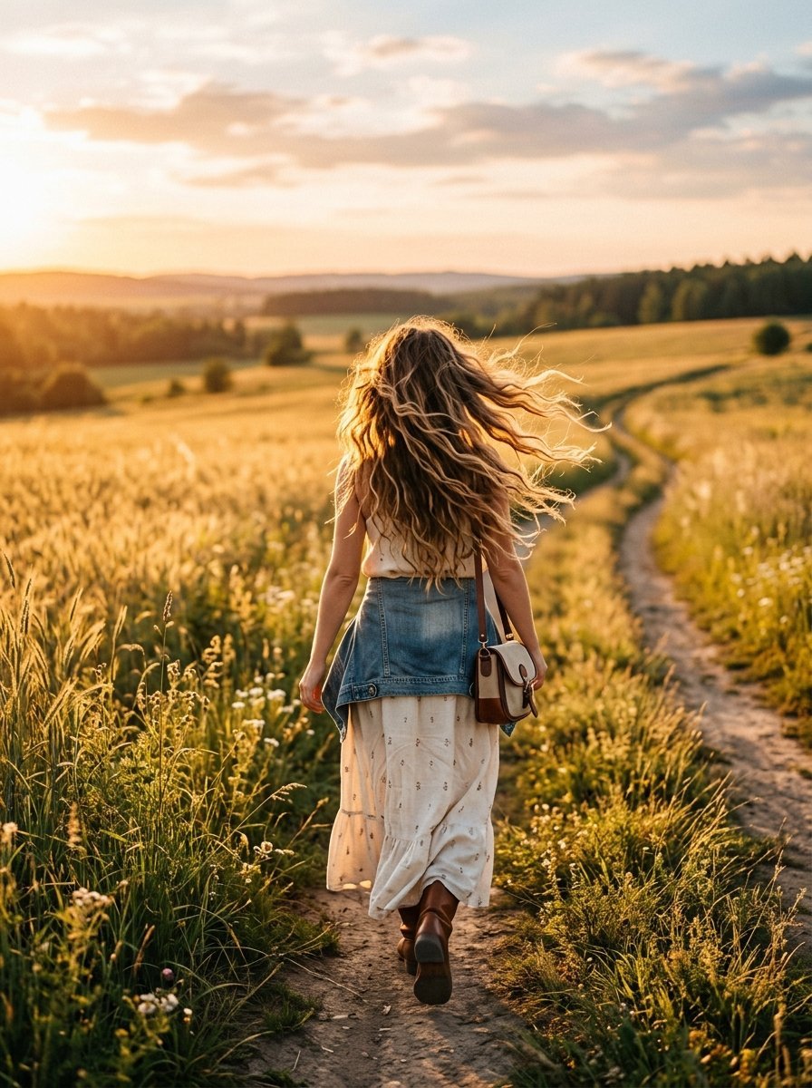 Back view of a woman in a long dress and denim jacket walking through a grassy field at sunset.