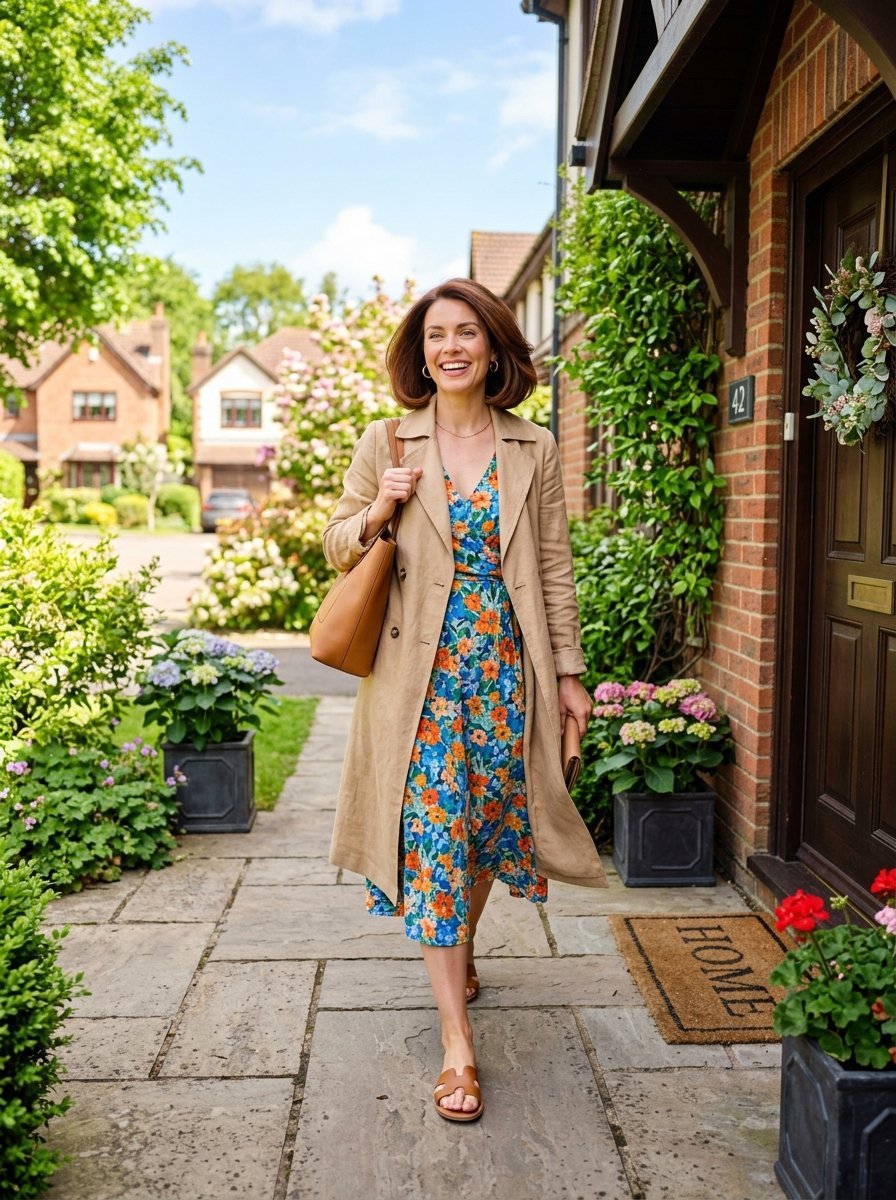 A happy woman in a floral midi dress and beige trench coat walking on a garden path toward her front door.