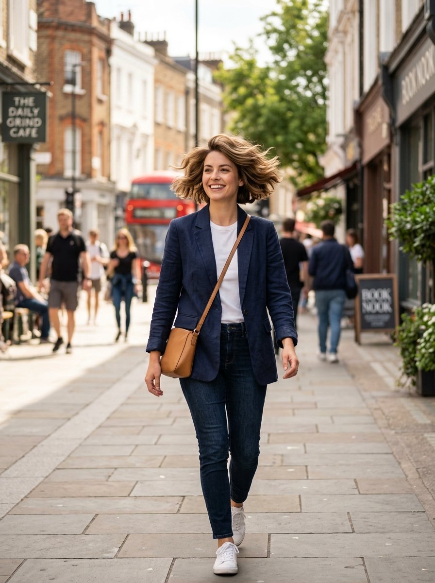 A happy woman with short hair wearing a navy blazer and white sneakers strolling down a sidewalk with shops.