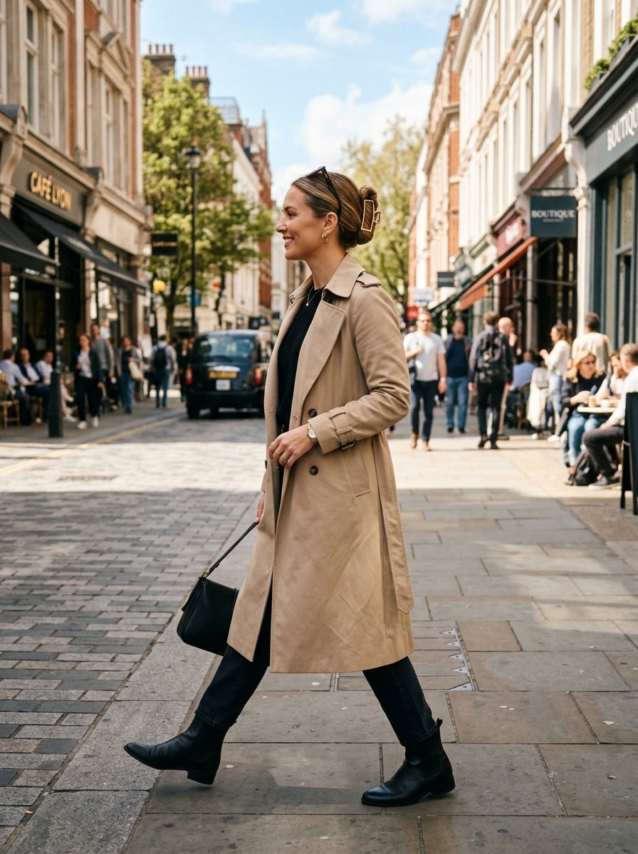 A woman with a hair clip wearing a beige trench coat and black boots strolling on a sunny pedestrianized city road.