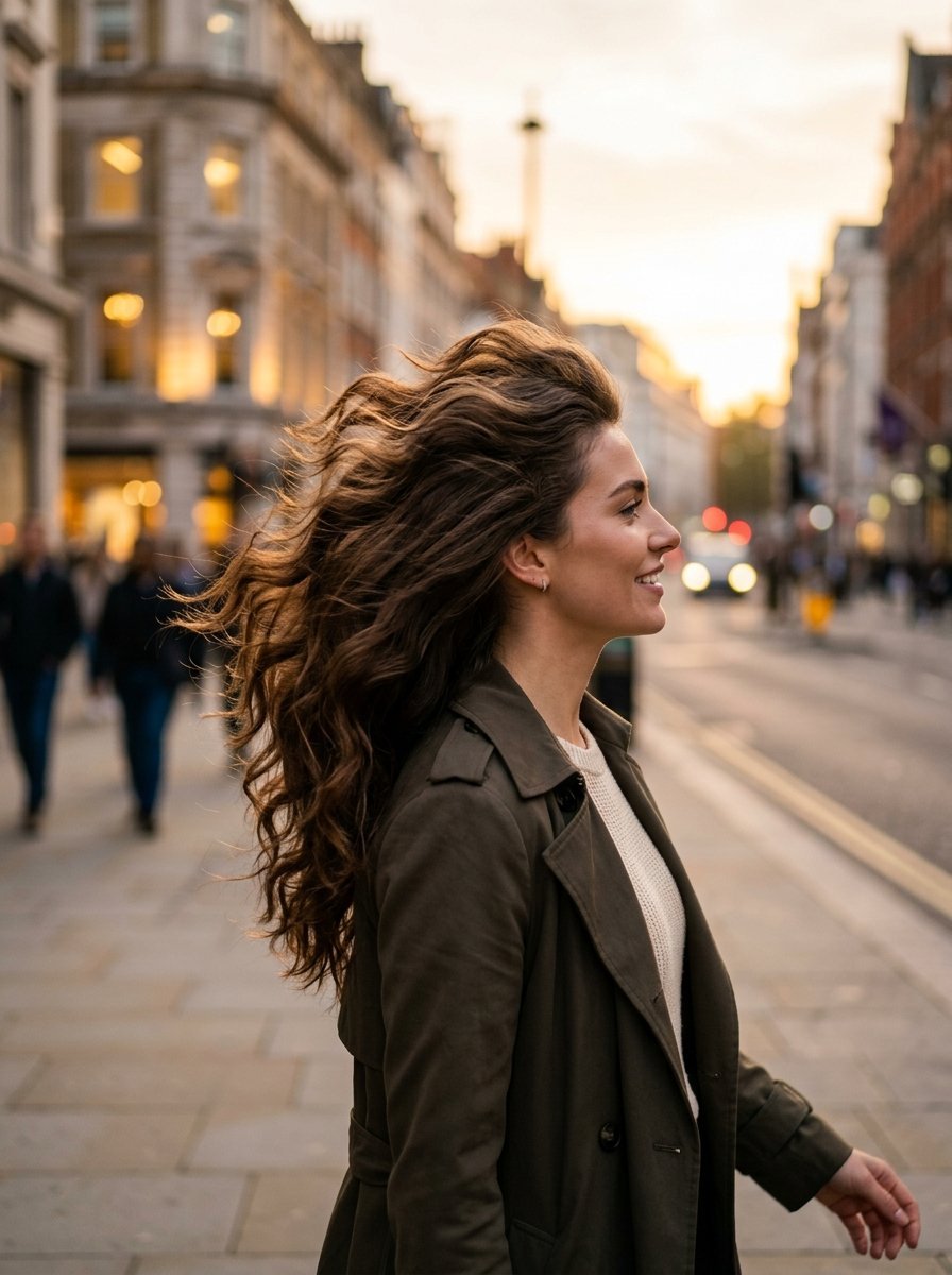 Profile view of a young woman with long wavy brown hair walking on a London sidewalk during golden hour.