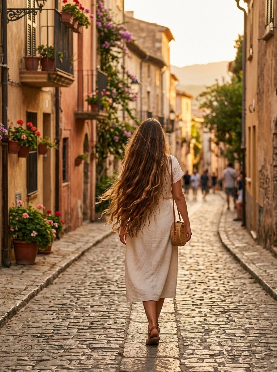 A long-haired woman in a cream dress walking down a narrow stone street lined with flower-filled balconies.