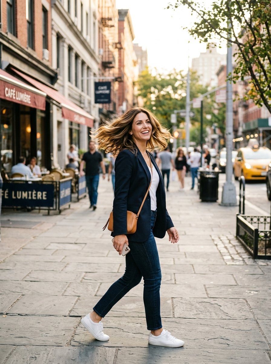 Smiling woman in a navy blazer and white sneakers walking on a city street with cafe seating in the background.