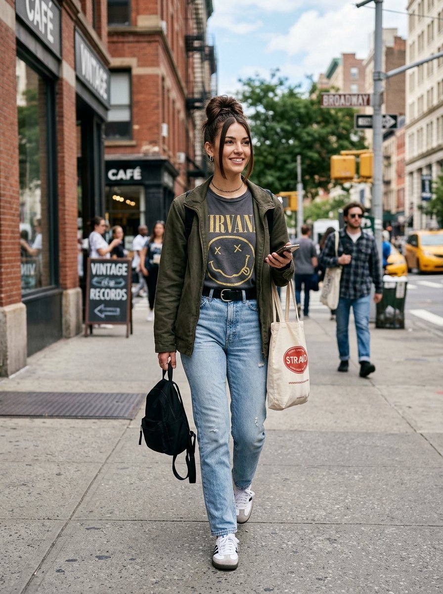Smiling woman in a Nirvana shirt and green jacket holding a tote bag and phone walking on a Manhattan street.
