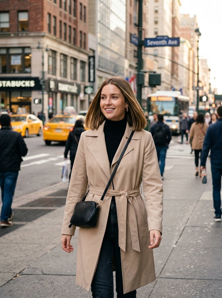 A blonde woman in a beige trench coat and black crossbody bag walking on a sidewalk in New York City.