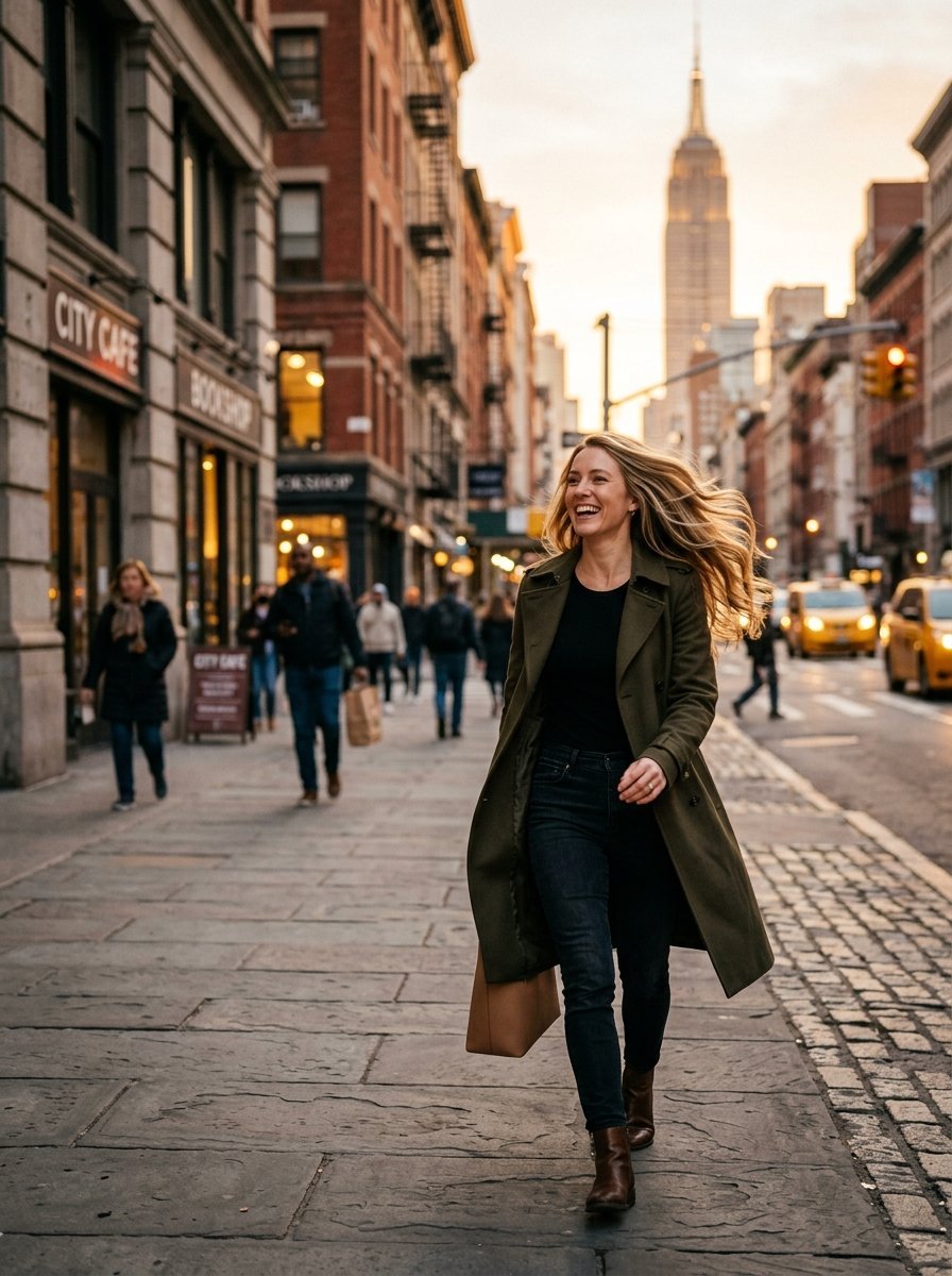Smiling woman in olive green trench coat walking on city sidewalk with Empire State Building in the background.