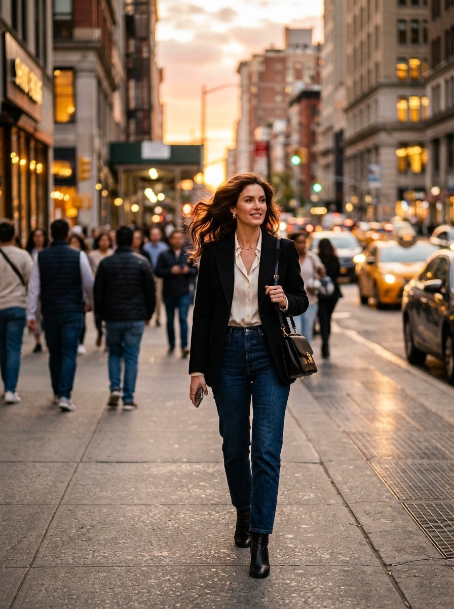 A woman in a black blazer and dark jeans walking on a sidewalk in New York City at sunset.