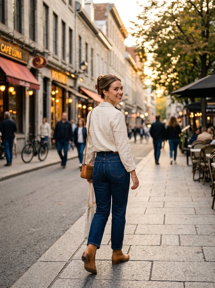 A young woman in a blazer and jeans looking back while walking on a bustling city street at sunset.