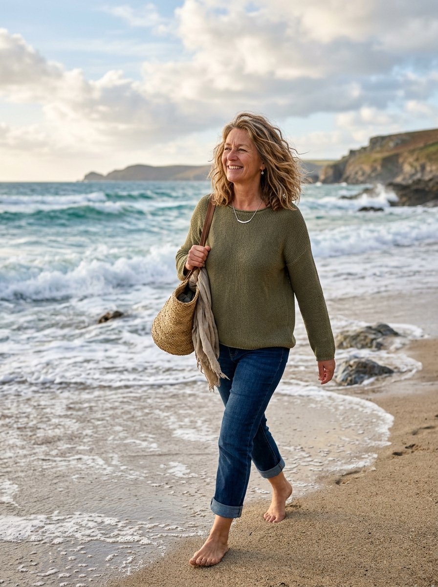 Smiling woman walking barefoot on a sandy shore holding a woven straw tote bag by the rolling surf.