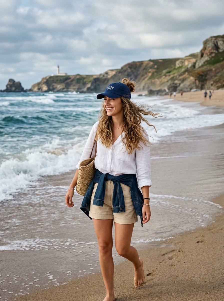A curly-haired woman in a white shirt and shorts walking barefoot on the beach with a straw bag near the ocean.