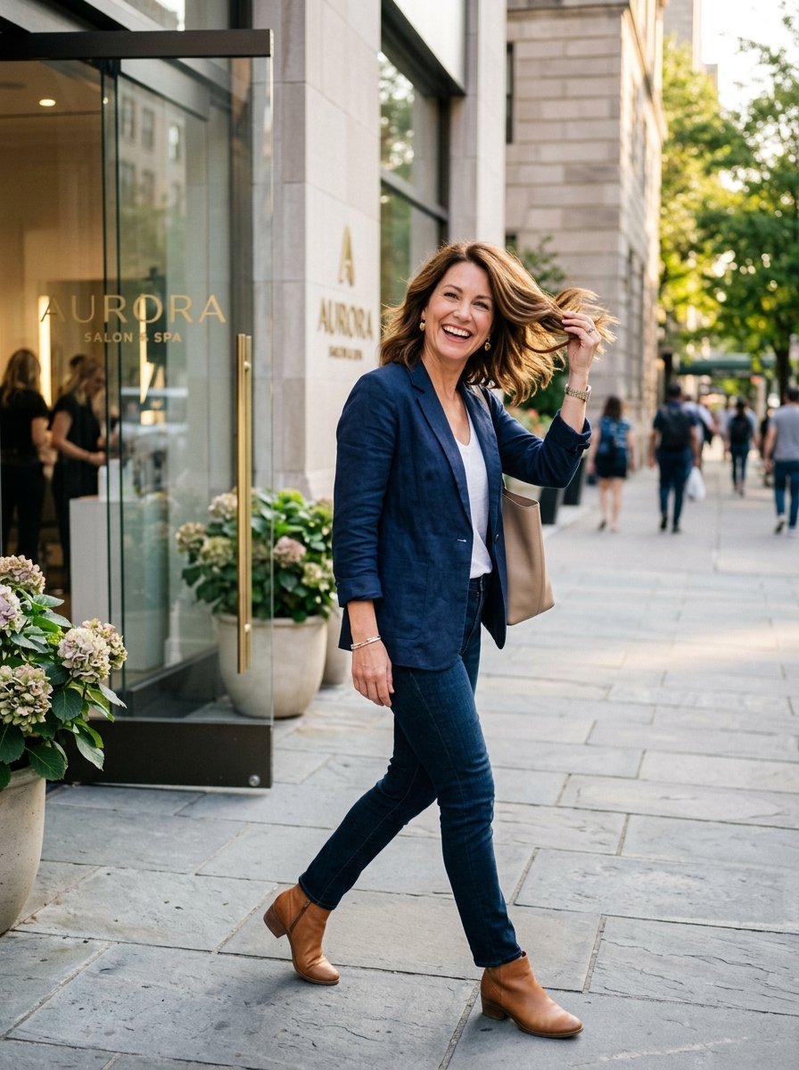 Smiling woman in a blue blazer and dark jeans walks on a city sidewalk past the entrance of a salon.