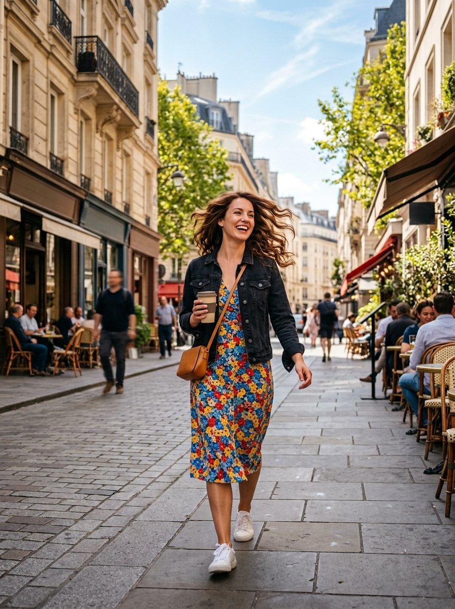 A smiling woman with wavy hair wearing a floral dress and black denim jacket walking on a stone paved city sidewalk.