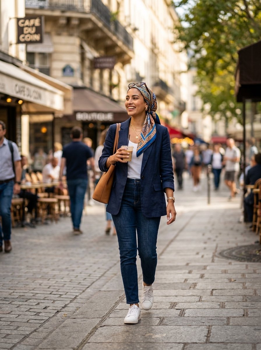 A woman carrying an iced coffee strolls down a Parisian sidewalk wearing a navy jacket, jeans, and a colorful headscarf.