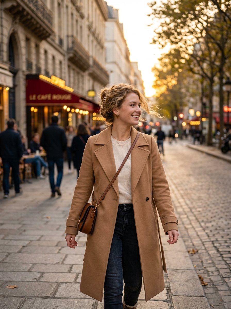 Blonde woman in a camel trench coat walking on a historic cobblestone street in Paris at sunset.