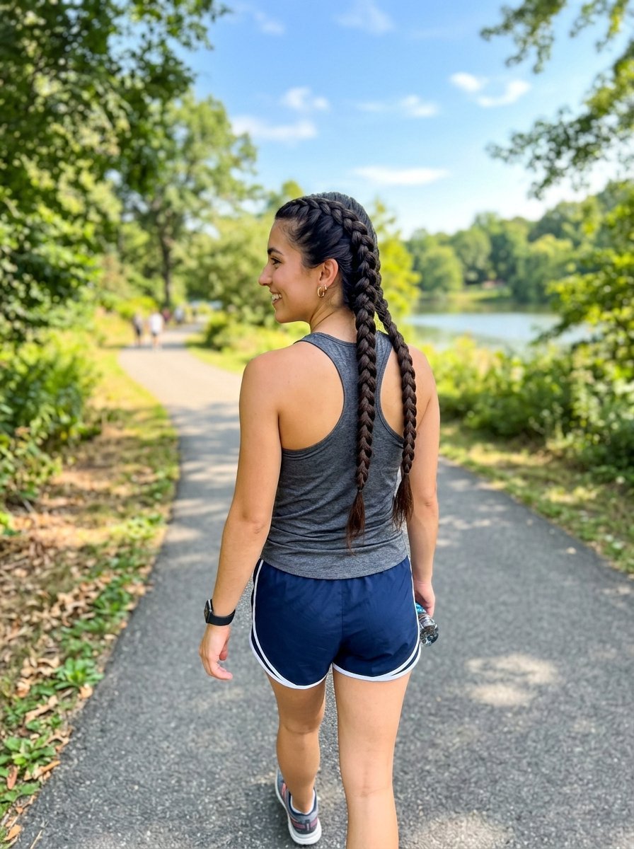 Back view of a woman with braided hair wearing a tank top and running shorts walking on a sunny nature trail.