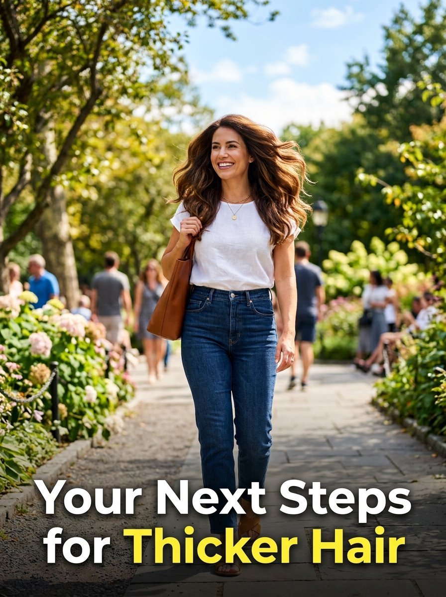A smiling woman with long wavy hair walks down a paved path surrounded by green trees and blooming flowers.