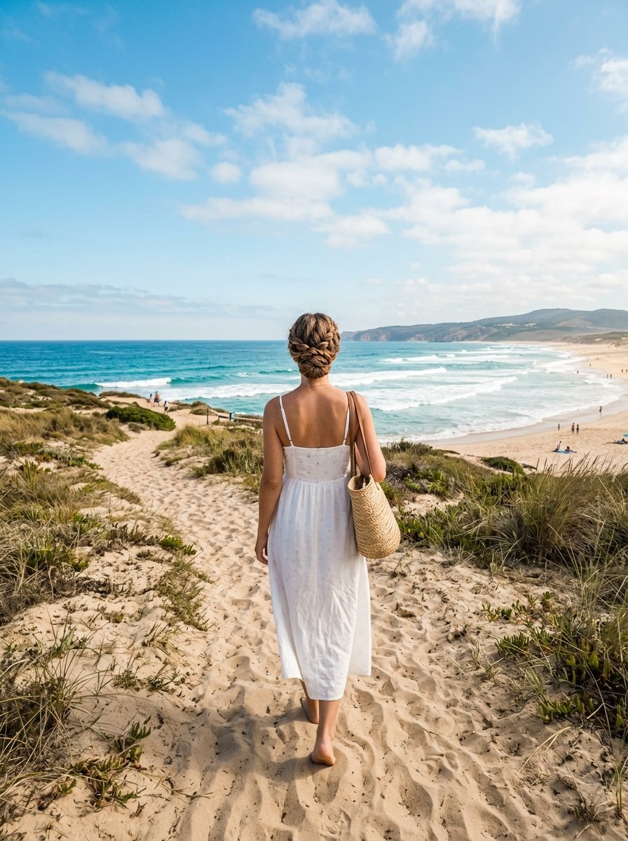 Back view of a woman with braided hair holding a straw bag walking down a sandy path toward the sea.