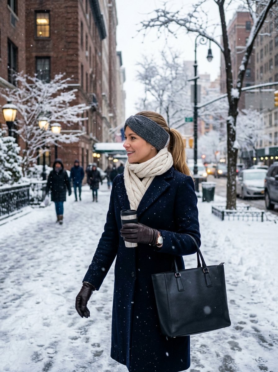 A woman in a navy coat and knit headband walking on a snowy city sidewalk with a black leather tote bag.