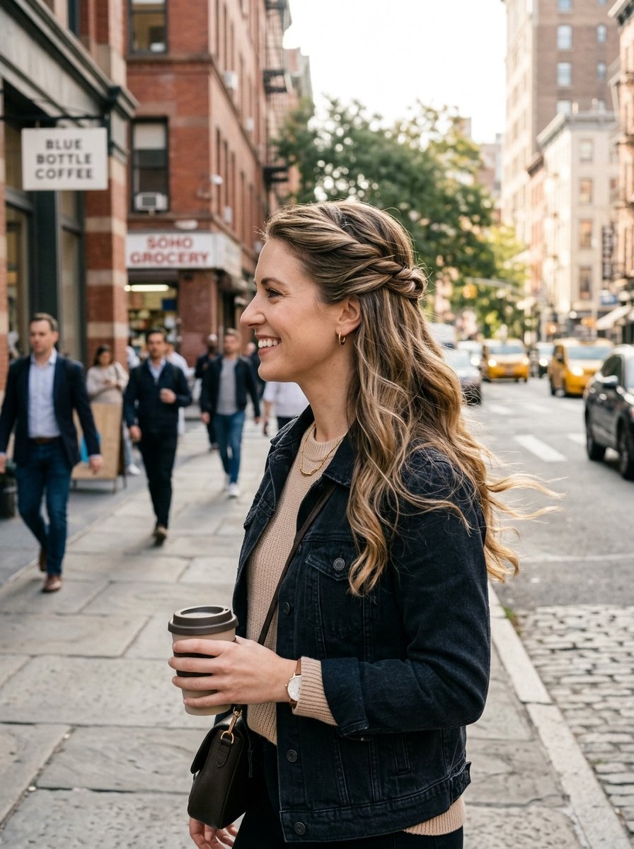 A woman with a braided hairstyle holding a coffee cup while walking down a busy city sidewalk.