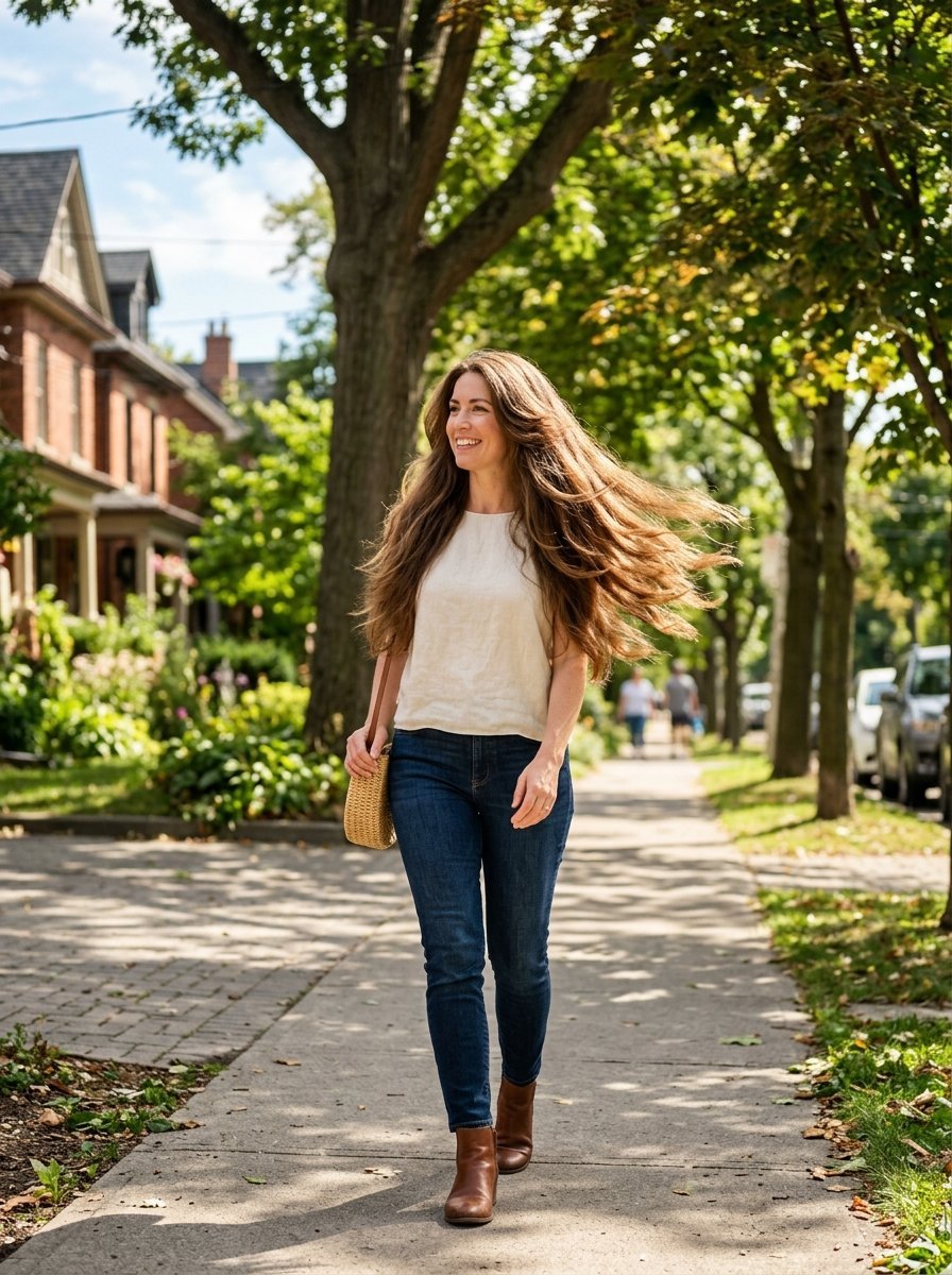 Woman Walking Sunny Street